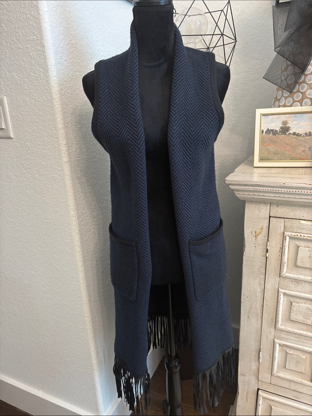 Echo Navy Blue Sleeveless Fringe Knit Vest NWOT